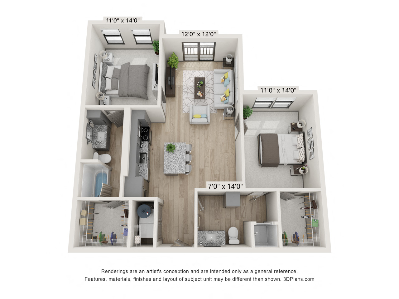 Floor plan for 2 beds, 2 baths, 1076 sqft